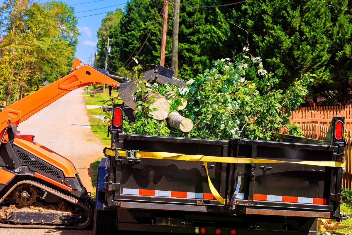 Crawler tractor loader clearing debris from a road